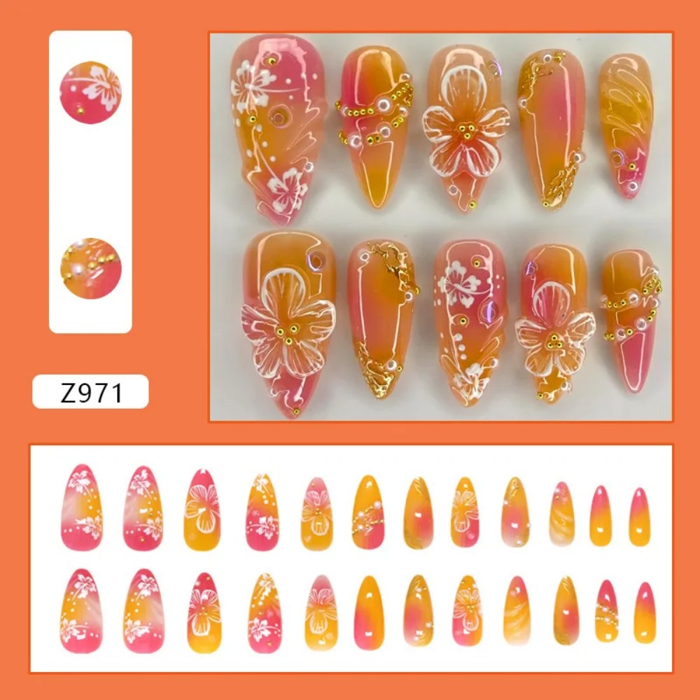 Pressed Flower Art - 24 faux ongles en amande rose